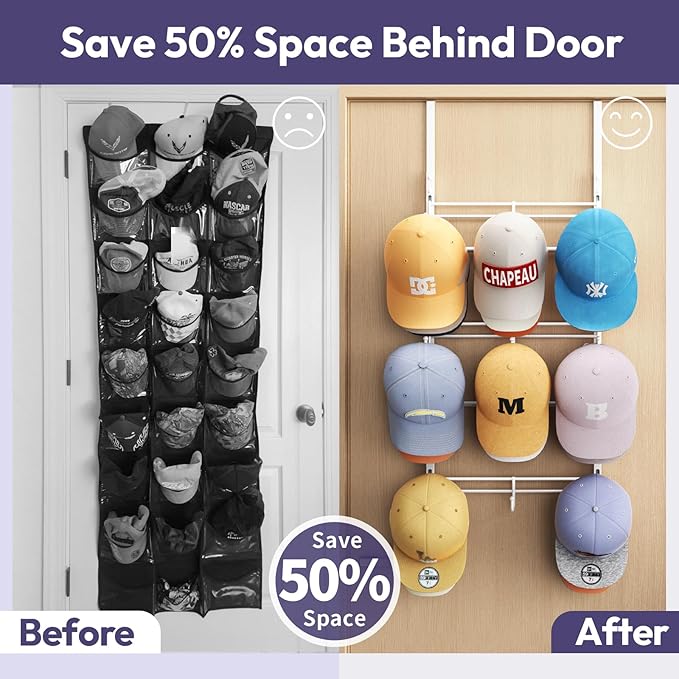 SWTYMIKI Over Door Hat Organizer - 3 Tier Metal Adjustable Wall Mounted Hat Rack with 9 Hooks Design, Hanging Baseball Cap Organizer Storage Holds up to 27 Caps for Door, Bedroom, Closet