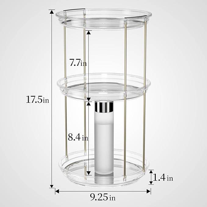 Delamu 3 Tier Rotating Makeup Organizer for Vanity, Skincare Organizer for Bathroom Counter, Spinning Perfume Organizer Cosmetic Holder with Large Capacity, Clear