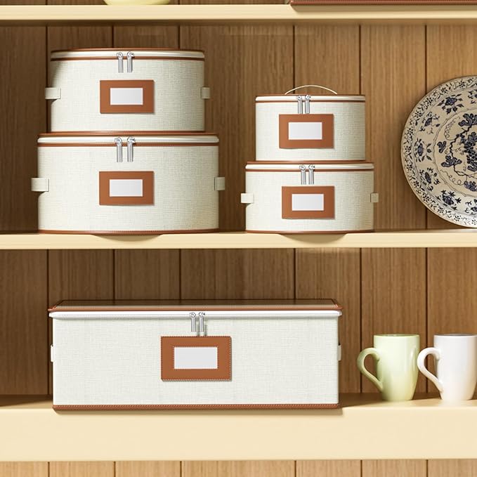 Aokeyee 4-Piece Plate Storage Box, Hard Shell Storage Containers with 48 Soft Dividers for Saucer, Dessert, Salad & Dinner Plates, Sturdy Quilted Stackable Dish Organizer for Moving & Protection,Ivory
