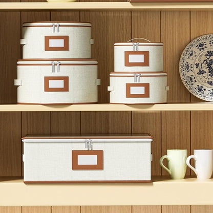 Aokeyee 4-Piece Plate Storage Box, Hard Shell Storage Containers with 48 Soft Dividers for Saucer, Dessert, Salad & Dinner Plates, Sturdy Quilted Stackable Dish Organizer for Moving & Protection,Ivory