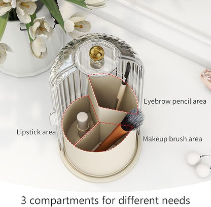 Makeup Brush Holder with Dustproof Cover 360 Rotating Makeup Brush Organizer for Vanity Bathroom, White/Beige