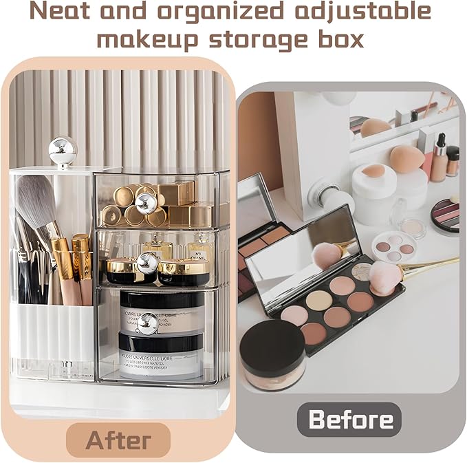PET Makeup Organizer with Press Pop-Out Compartment & 3 Drawers, Clear Cosmetic Storage Box for Vanity Countertop, Bathroom Small Item Organization