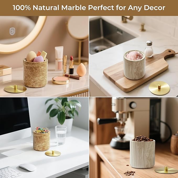 Marble Qtip Holder with Brass Lid for Cotton Swabs,Balls,Pads,Floss Picks Large Capacity Marble Apothecary Jar for Bathroom Essentials Decor, Vanity Makeup Storage Organizer Grey (WH079)