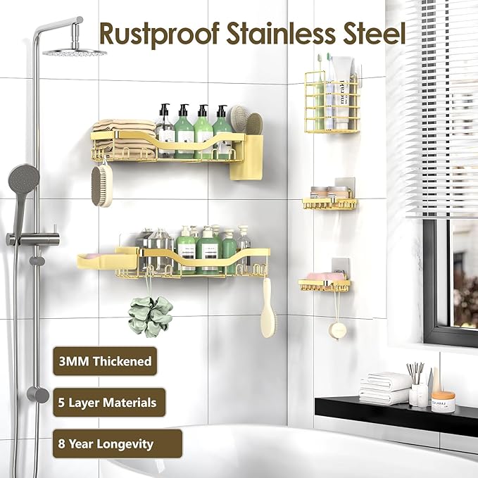 NESOMI Shower Caddy Adhesive Shower Organizer 7-Pack, Rustproof Stainless Steel Bathroom Shelves, Large Capacity No-Drill Rack Storage Accessories with Soap Dish Toothbrush Holder Hooks