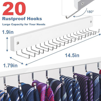 Tie Rack Wall Mounted, Belt Rack Tie Organizer for Men with 20 Storage Hooks, Non Slip 180 Degree Rotating Tie Holder Belt Hanger for Closet/Wall Mount