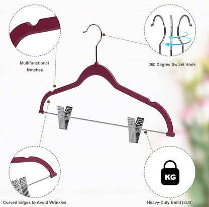 80 Pack Raspberry Quality Plastic Non Velvet Non-Flocked Thin Compact Coat Hangers with Metal Clips for Skirts Pants Blouses 360° Swivel Hook