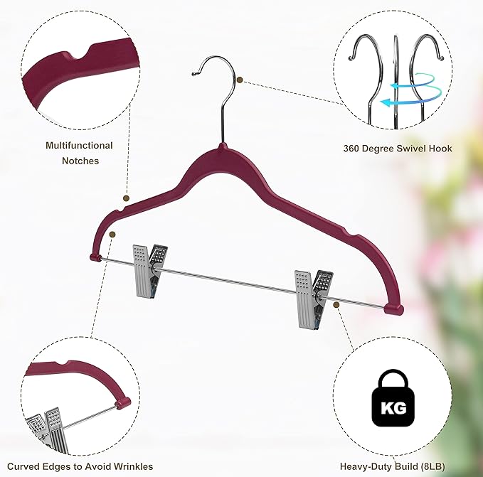 Quality Hangers Plastic Non Velvet Non-Flocked Thin Compact Skirt and Pant Hangers with Metal Clips - Suited for Pants Blouses Coats - 360° Swivel Hook (Raspberry, 20)