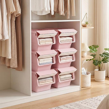 Giantex Plastic Stackable Storage Bins with Lids & Wheels, 6 Pack Open Front Stacking Bins, Organizer Bins for Pantry, Kitchen, Laundry, Closet, Playroom, Bedroom Organization （12.5 QT）