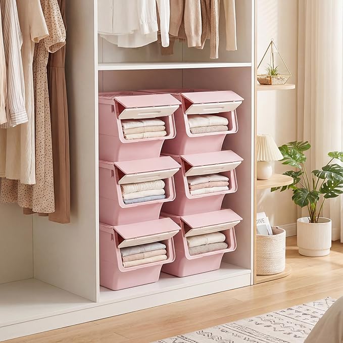 Giantex Plastic Stackable Storage Bins with Lids & Wheels, 3 Pack Open Front Stacking Bins, Organizer Bins for Pantry, Kitchen, Laundry, Closet, Playroom, Bedroom Organization (12.5 QT)