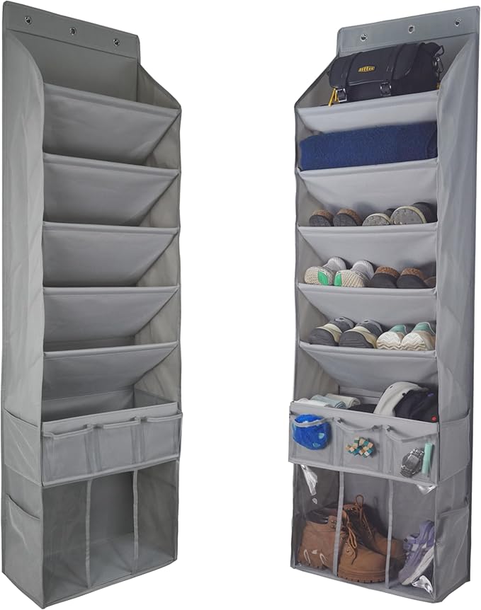 3in1 Over The Door Shoe Organizer with 5 Slanted Compartments,Removable Storage Bin & Transparent Pockets,Thickened Waterproof Oxford Fabric Shoes Rack for Shoes,Boots,Toys,Daily Essentials. (Grey)