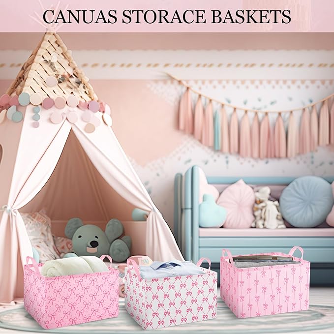 Geelin 3 Pcs Pink Bow Storage Baskets, Foldable Cute Pink Storage Bins with Handles, Coquette Preppy Girly Organizer Boxes for Closet Shelf Nursery Bedroom Decorative Room Decor