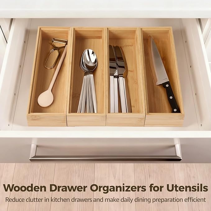 OMISTAR 8 PCS Wooden Drawer Organizers, Stackable Utensil Cutlery Storage Trays, Kitchen Utensils Organizer, Wooden Holder Drawer Organization for Stationery, Cosmetics, Office Supplies