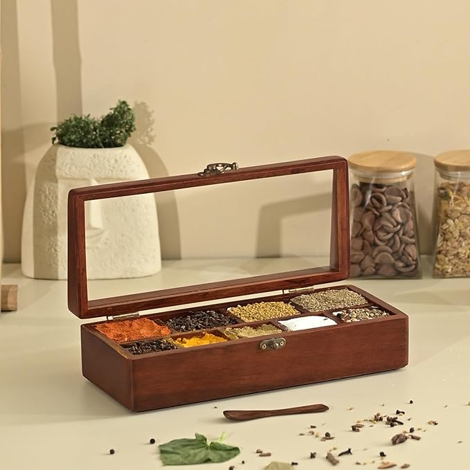 Brick Brown® Premium Handcrafted Wooden Prism Masala Box with Wooden Spoon | 9-Compartment Spice Box Organizer with Acrylic Lid | Masala's Dani Namak Dani Dabba | Masala Container Popula Dabba