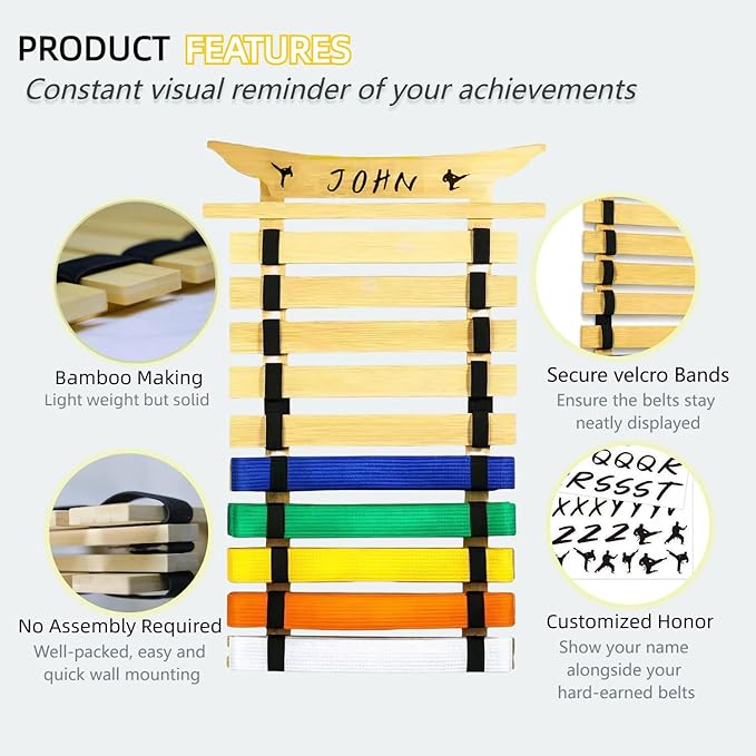 10Belts Taekwondo Belt Display, Rack with Stickers, Martial Arts Belt Display Holder, Karate Belt Jiu Jitsu Belt BJJ Belt Display Hanging Holder for Kids and Adults Gifts