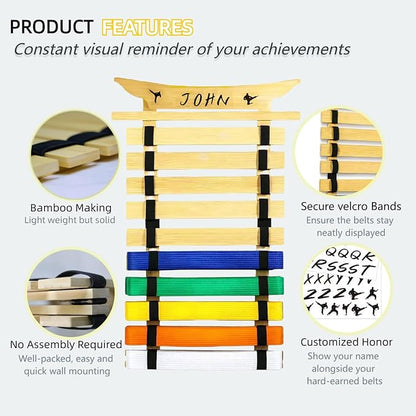 10Belts Taekwondo Belt Display, Rack with Stickers, Martial Arts Belt Display Holder, Karate Belt Jiu Jitsu Belt BJJ Belt Display Hanging Holder for Kids and Adults Gifts