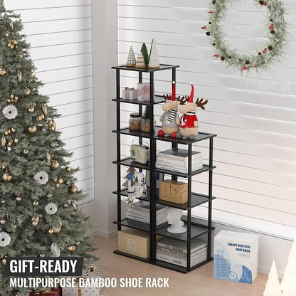 MHXW SXPN Bamboo Free Standing Shoe Rack Shelf Multi Tier Tall Wooden Stackable Shoes Rack Organizer for Closet Front Door Entrance Narrow Vertical Shoe Storage (Black, 12 Tiers)