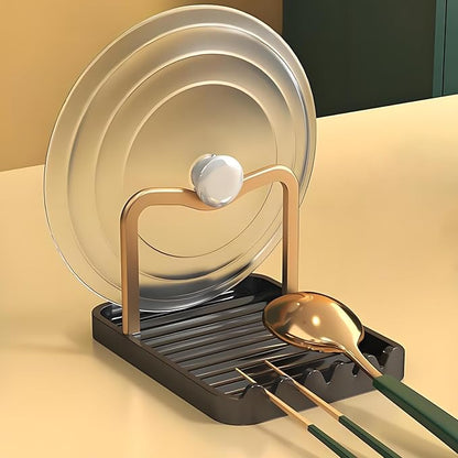 Stainless Steel Pot Lid Holder - Kitchen Organizer & Utensil Storage Rack with Detachable Drain Tray, Non-Slip Anti-Rust Countertop Space Saver for Spoons, Spatulas, Ladles, Tongs, Black Gold