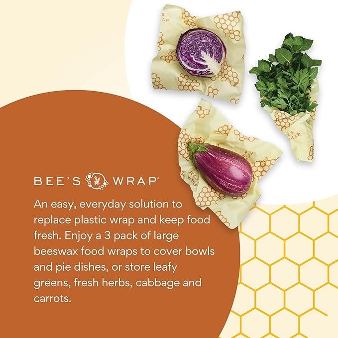 Bee's Wrap Beeswax Wraps for Food - 3 Pack of Large Beeswax Wraps - Plastic Free Made in USA Reusable Natural Food Wrap - Honeycomb Print