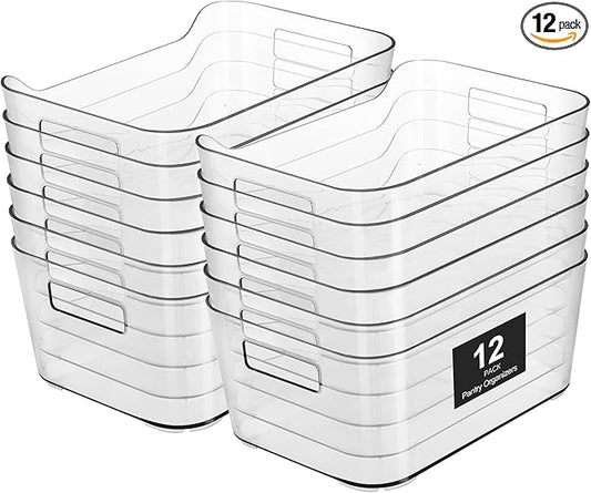 Heyuzb 12 Pack Plastic Storage Bins, Clear Pantry Organizers and Storage, Multi-Use Organizer Bins for Kitchen, Office, Fridge, Cabinet and Shelf Organization