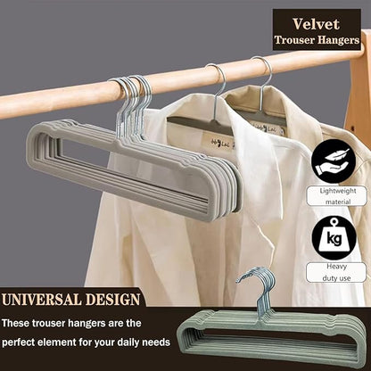Velvet Pant Hangers, 20pcs Heavy Duty Flocked Trouser Hangers with Non-Slip Bar, 35cm(L) Adult Clothes Hanger with Swivel Hook, Slim Felt Jean Hangers for Shorts, Dress, Scraf, Bar (Grey-Silver)