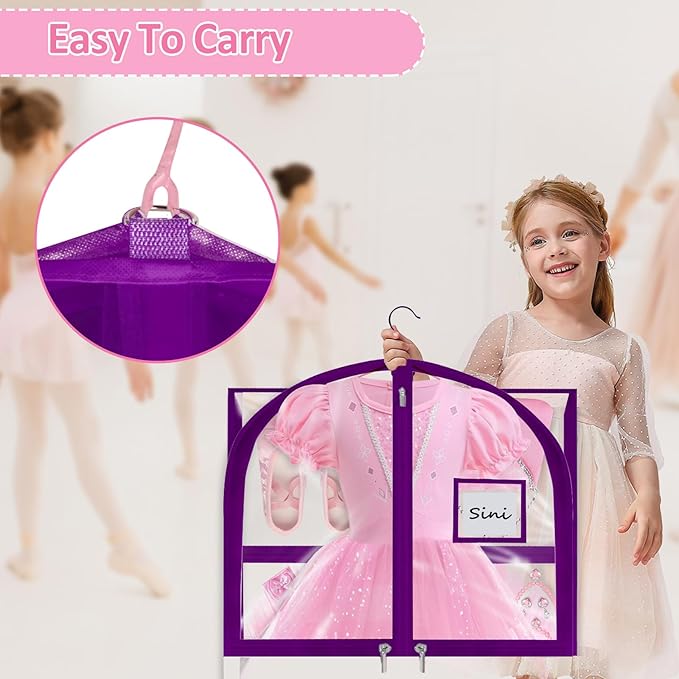 Garment Bags for Dance Costumes - 40 Inch Clear PVC with 5 Zipper Pockets (3 Pack) - Kids Dance Garment Bag for Dancers, Hanging Clothes Storage, Competitions & Travel (‎Clear Purple)