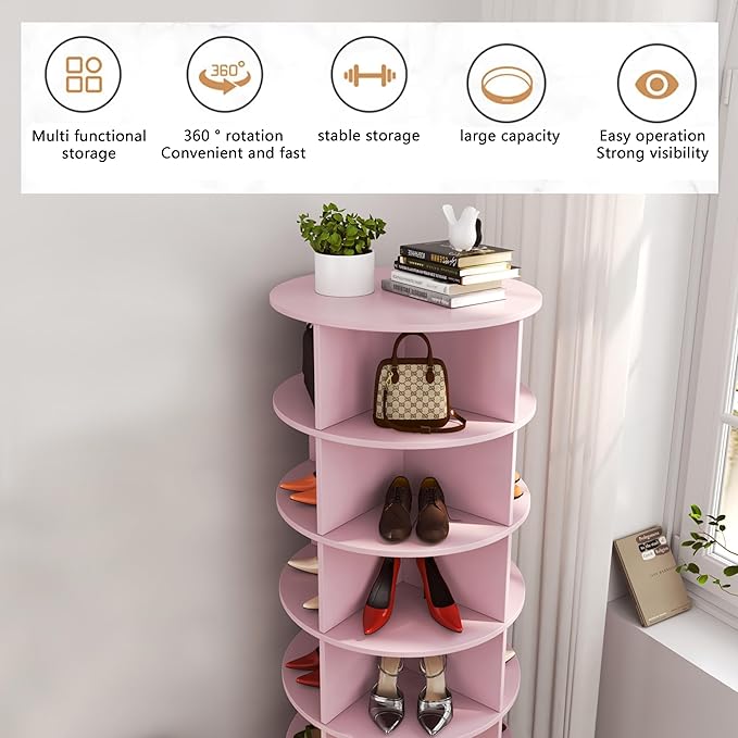 Rotating Shoe Rack Tower, 360-Degree Circular Storage Organizer for Shoes and Handbags, Vertical Space-Saving Cabinet for Entrance Hall, Independent Rotating Shoe Shelf (A-Pink