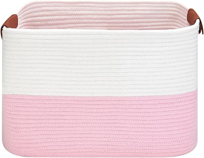 Large Cotton Rope Storage Basket with Leather Handles, Laundry Hamper Basket, 20 "L x 14" W x 12 "H, Durable & Stylish Organizer for Home.(Large Pink)