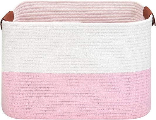 Large Cotton Rope Storage Basket with Leather Handles, Laundry Hamper Basket, 20 "L x 14" W x 12 "H, Durable & Stylish Organizer for Home.(Large Pink)