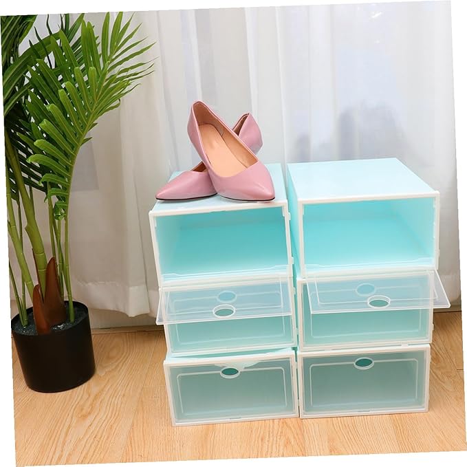 6pcs Thick Stackable Shoes Storage Box Plastic Shoe Container with White Frame Blue for Women Closet Organization