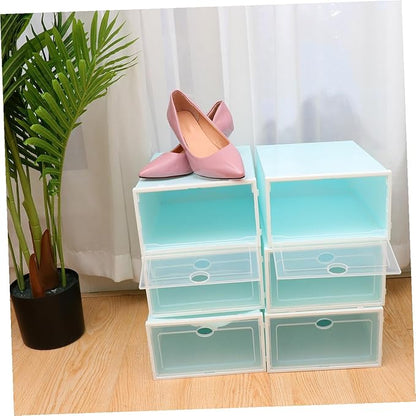 6pcs Thick Stackable Shoes Storage Box Plastic Shoe Container with White Frame Blue for Women Closet Organization