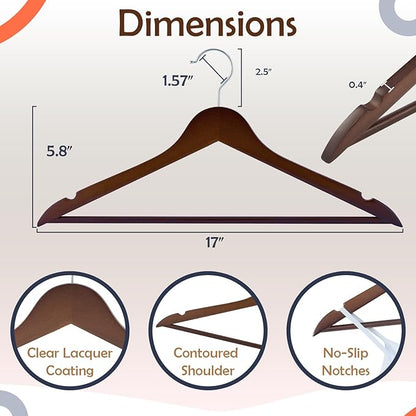 Solid Wooden Hangers 20 Pack, Wood Suit Hangers with Extra Smooth Finish, Precisely Cut Notches and Chrome Swivel Hook, Wooden Clothes Hangers for Shirt Coat Jacket Dress