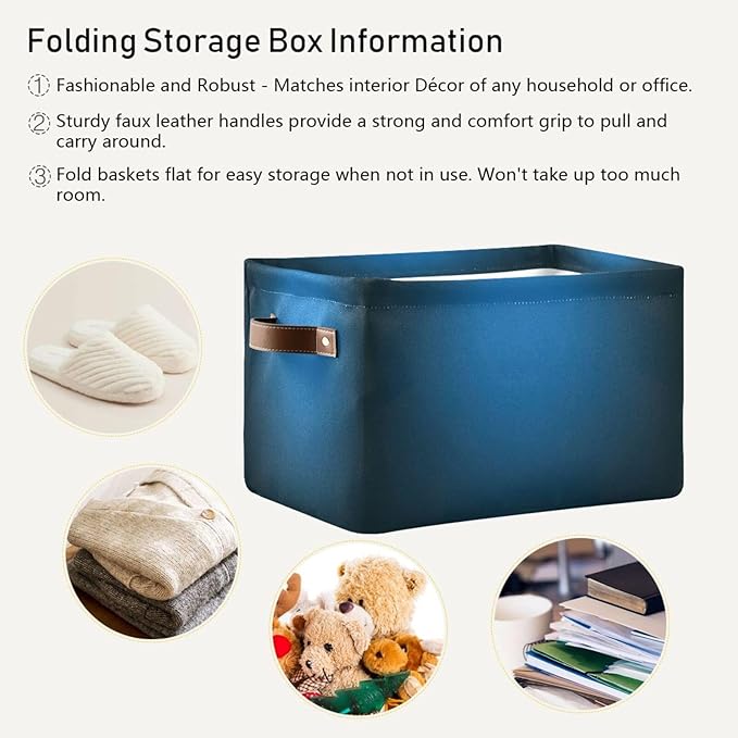YETTASBIN Blue Solid Color Storage Basket 2pc, Large Collapsible Toys Clothes Organizer, Durable Canvas Storage Bin with Handle for Shelves Closet Laundry Home Office Decor