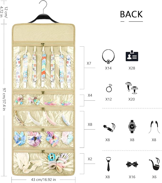 SMRITI Hanging Jewelry Organizer with Dual Zippered Pockets Canvas Double Sided Rotating Hanger Necklace Hanging Wall Organizer Earring Dustproof Holder Wall Mount Accessories Display Bag(Beige)