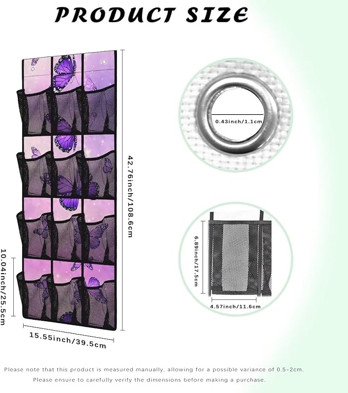 Butterfly Behind Door Organizer 12 Pockets Violet Door Hanging Shoe Organizer Space Saving Multi-Funtion Storage Bag Large Capacity Wall Hanging Storage