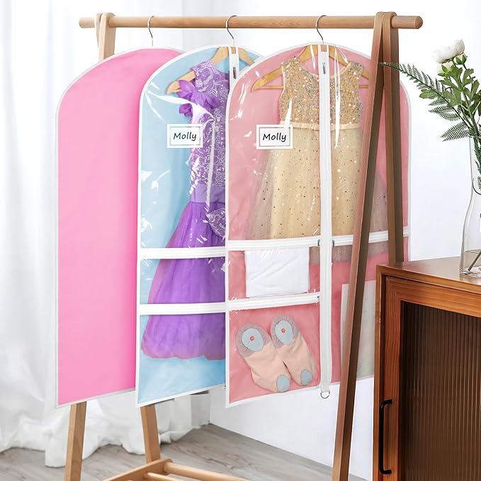 Univivi Dance Costume Garment Bags for Kids, 40 Inch Foldable Hanging Garment Bags for Dancers with Clear PVC Window and 3 Zipper Pockets, Blue(5 Pack)