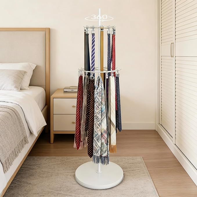 White Belt Display Scarf &Ties Rack Stand, 360° Rotation Floor Mounted Belt Hanger, Metal Men Closet Belt Organizer Holder Jewelry Necklaces Purse Hanger Shelf for Clothing Store Retail & Home