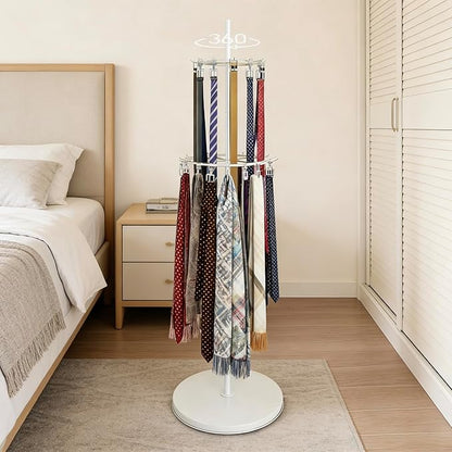 White Belt Display Scarf &Ties Rack Stand, 360° Rotation Floor Mounted Belt Hanger, Metal Men Closet Belt Organizer Holder Jewelry Necklaces Purse Hanger Shelf for Clothing Store Retail & Home
