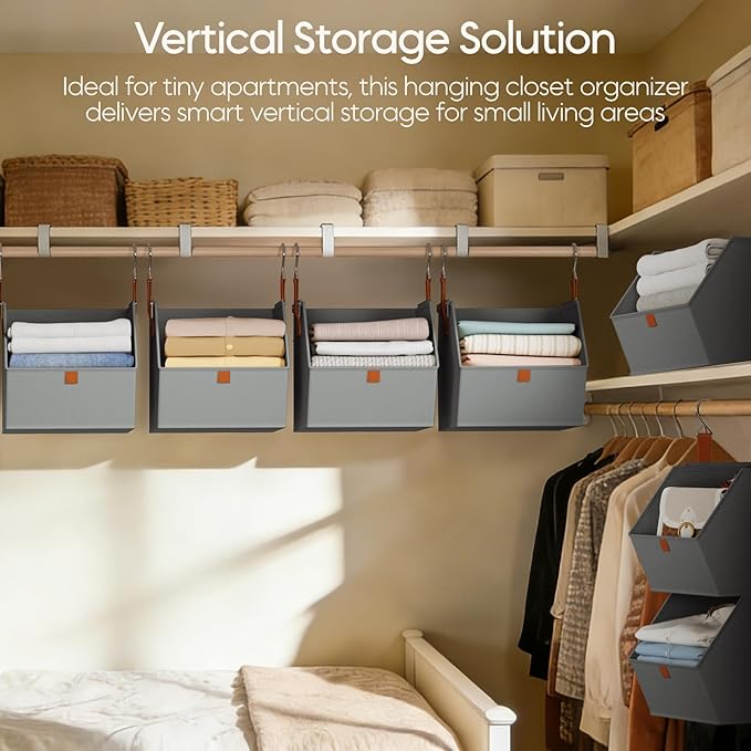 Homsorout Collapsible Hanging Closet Organizer - 3 Tier Closet Shelves Storage System with Hooks, Fabric Hanging Storage Bins for Clothes, Foldable Storage Basket for Laundry, Bedroom, Rv, Grey