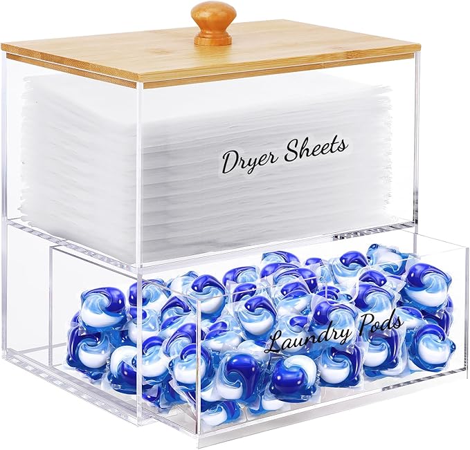 JYPS 1+1 Acrylic Dryer Sheet Holder with Drawer and Bamboo Lid, Clear Acrylic Large-Capacity Laundry Pods Container, Scent Boosters & Powder, Laundry Room Organization decor, Storage Jars Set