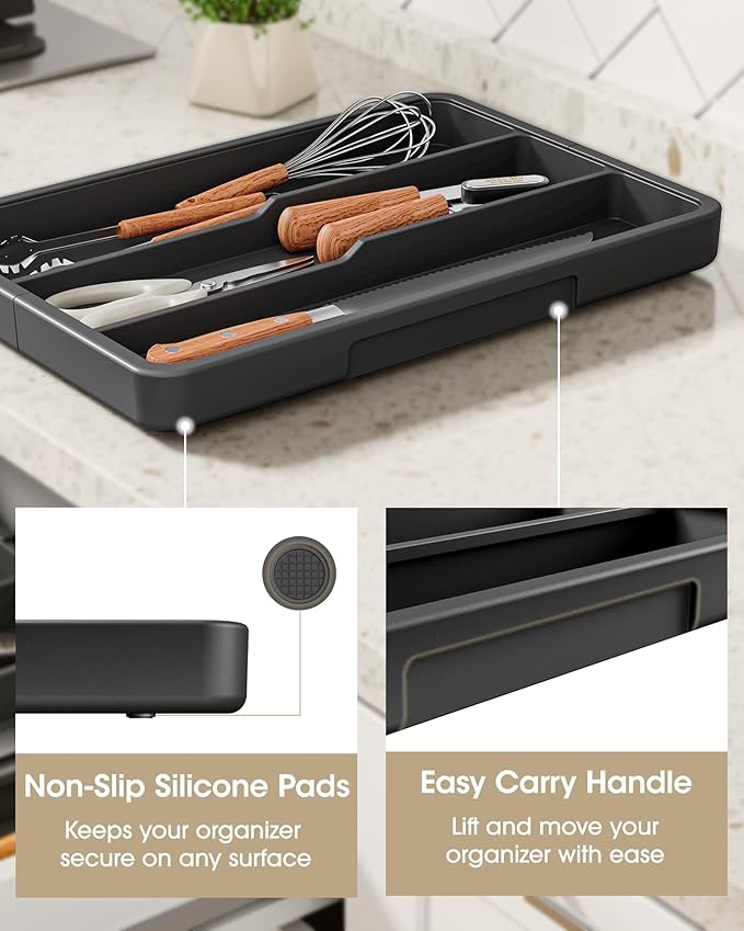 Aujen Silverware Organizer - Expandable Kitchen Drawer Organizer, Adjustable Utensil Organizer, Cutlery Tray for Forks, Knives, Multipurpose Kitchen Organizers and Storage Solution, Black, X-Large