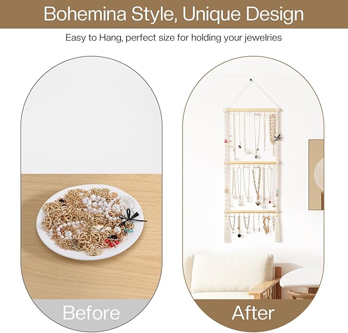UREYMX Hanging Jewelry Organizer Macrame Necklace Holder, with 30 Hooks, Over Door Necklace Rack, Wall Mounted Jewelry Hanger with Tassel Boho for Necklace Headband Bow Earring Bracelet