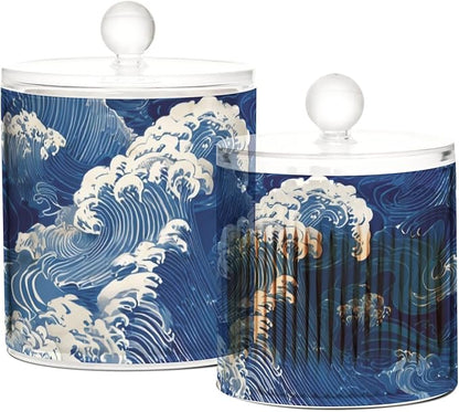 2 Pack Qtip Dispenser Apothecary Jars with Lids Cotton Round Holder Bathroom Canisters for Cotton Swab Floss Ball Pads Clear Plastic Decorative Blue Ocean Waves