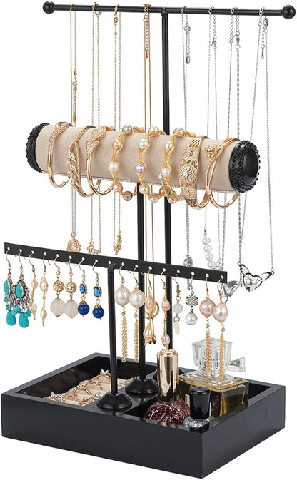Jewelry Organizer Stand 3 Tier Hanging Jewelry Organizer for Earring Necklace Bracelet Holder Jewelry Ring Perfume Organizer Box Holder Storage (3-Tier Black)