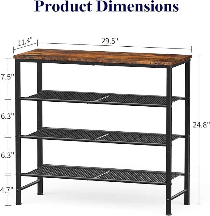 Kitsure Shoe Rack - 4-Tier Shoe Organizer with Wooden Top & Leveling Feet, Easy-Assembly, Rust-Resistant Metal Shoe Shelf for Closet, Entryway, Bedroom, 29.5" x 11.4" x 24.8", Brown