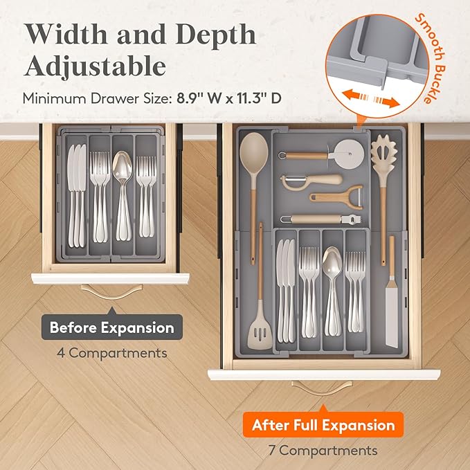 Lifewit Silverware Drawer Organizer, Expandable Utensil Tray for Kitchen, BPA Free Flatware and Cutlery Holder, Adjustable Plastic Storage for Spoons Forks Knives, 4-7 Slots, Gray
