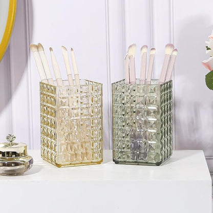DASITON Makeup Brush Holder Organizer, Acrylic Makeup Brush Cup, Diamond Striped Make Up Brush Holder for Vanity, Bathroom Countertop, Toothbrush Holders, Pen Holder for Desk Storage (Yellow)