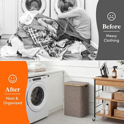 Lifewit 80L Laundry Basket with Lid, Clothes Hampers for Laundry with Bamboo Handles and 1 Removable Bag, Large Foldable Laundry Hamper for Bedroom, Bathroom, Dorm, Laundry Room, Brown