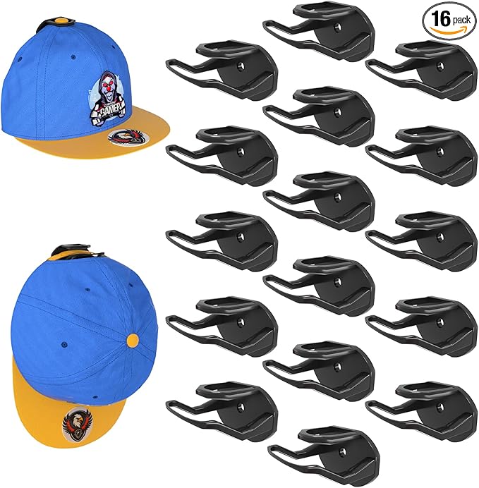 Niunuerga 16 Pack Adhesive Hat Hooks for Wall, Strong Hat Rack for Baseball Caps, Hat Organizer Display for Home Decor, Hat Hold Hanger for Wall, Door, Closet, No Drilling (Black)