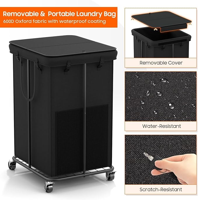 160L Laundry Hamper with Lid, Rolling Laundry Basket with Wheels, Large & Tall Dirty Clothes Hamper with Metal Frame and Removable Bag for Bedroom Aesthetic, Laundry Room, Bathroom, Dorm-Black
