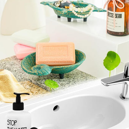 Sungmor Heavy Duty Cast Iron Soap Holder, Vintage Bar Soap Dish for Kitchen Bathroom Sink, Lovely Seashell Shape & Antique Green Sponge Dish Soap Tray, Decorative Jewelry Holder Tabletop Container
